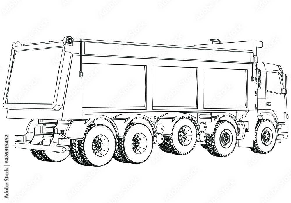 Vector contour Dump truck illustration. Isolated white outline tipper ...
