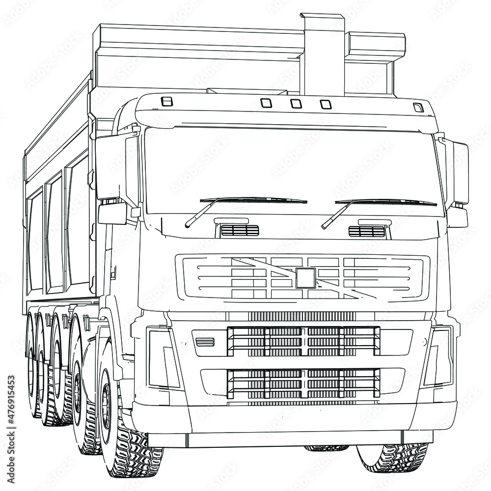 Vector contour Dump truck illustration. Isolated white outline tipper ...