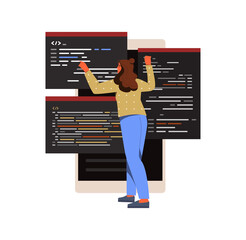 Wall Mural - woman write code. programmer developing application, website or computer game. digital technologies 
