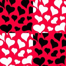 Seamless Pattern. Black, White Hearts On A Red Background. Endless Background For Valentine's Day, Wedding, Birthday, Holidays.