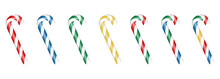 Vector Set Of Realistic Christmas Candy Cane.Red And Green Candy Cane Icons Isolated On White.