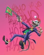 Cartoon Cat Joker With A Pistol In His Hands And The Inscription - Bang. Sphynx Cat In Santa Claus Hat On A Purple Background. Comic Style Illustration.