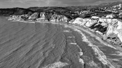 Aerial drone viewpoint on Stair of the Turks. Scala dei Turchi is a rocky cliff on the southern coast of Sicily, Italy