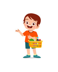 Wall Mural - cute little boy carry basket full of groceries