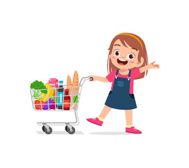 Wall Mural - cute little girl push shopping cart full of groceries