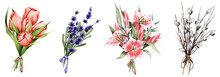 Set Of Bouquets With Spring Flowers: Lily, Tulip, Lavender, Pussy Willow.