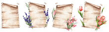 Set Of Sheets Of Paper With Spring Flowers: Lavender, Lily, Tulips. Great For Stickers And Postcards.