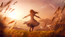 A Joyful Girl In A Summer Dress
Cheerfully Runs Through A Field With Grass In The Rays Of A Juicy Bright Sunset With Clouds, Whirling In The Wind, Grass Rustles Around And Plant Blades Fly. 2d Art