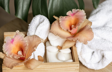 Wall Mural - Spa composition with body care products in a wooden box and Thai orchid flowers.