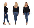 © Curto - back, front and side view of same woman with jeans and heeled shoes on white background