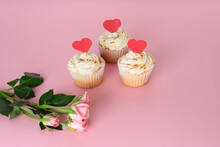 Sweet Cupcakes With Hearts And Natural Roses. Valentines Day Concept