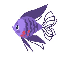 Wall Mural - Cartoon fish. Violet marine animal. Underwater tropical creature with long fin tails and purple scales. Aquarium decorative exotic element. Coral reef inhabitant. Vector swimming pet