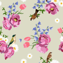 Flowers Tulips, Lily, Campanula, Pink Peonies And Birds On Light Background. Seamless Vector Illustration.