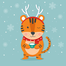 Christmas Tiger With Deer Horns And Cup. Year Of Tiger 2022