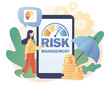 Risk management. Tiny woman review, evaluate, analysis risk. Risk assessment online. Business and investment concept. Risk levels knob. Modern flat cartoon style. Vector illustration 
