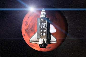 Wall Mural - flying space shuttle close to the north pole of the mars planet in the space with lens flare. 3d ren