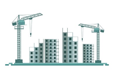 Construction of a new building. Silhouette. Cranes and Tractors. Modern technologies and equipment. Isolated on white background illustration vector