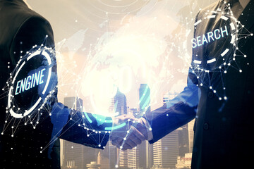 Double exposure of blockchain hologram and handshake of two men. Crypto business concept.