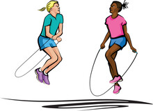 Stylized Color Illustration A Young Black Girl Jumping Rope With A White Girl.