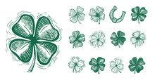 Clover, Horseshoe Set, St. Patrick's Day. Hand Drawn Illustrations. Vector.	

