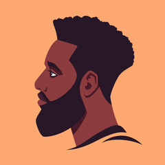 Head of bearded african man in profile. Male portrait, face side view. Avatar of brutal man with beard for social networks. Stock vector illustration in flat style.