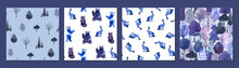 Set Of Watercolor Hand Drawn Seamless Pattern With Blue And Purple Trees, Forest Animals In Winter Forest. Print Good For Wallpaper, Textile, Christmas Wrapping Paper, Card, Print Etc.