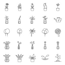 Best Collection Of Plant Icons With Outline Style Includes Rose, Soil, Cactus, Tree, Flower, Pot, Seed, Watering. Perfect For Templates, Youtube Thumbnails, Instagram And Facebook Post, Marketing Ads.