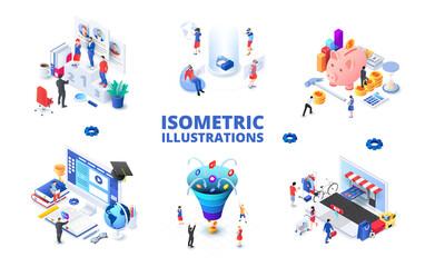 Wall Mural - set of light isometric illustrations. sales funnel, online education, virtual reality and invesment.