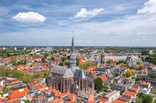 Sunny Summer Aerial Cityscape Of Gouda, Cheese Capital Town In Netherlands 