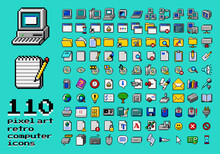 Retro Computer Interface Elements Set. Old PC UI Icon Assets For Computer, Folder, Notepad Text Document, Media Laser Compact Disc, Folder, Battery, Storage, Media. 110 Isolated Items