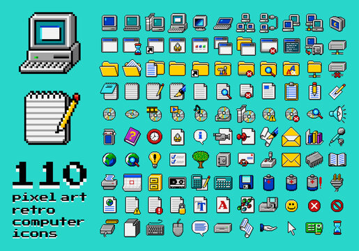 retro computer interface elements set. old pc ui icon assets for computer, folder, notepad text docu