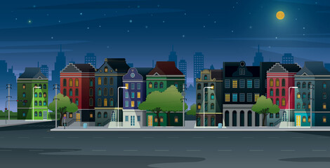 Wall Mural - Old buildings in the city at night with full moon.
