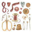 Watercolor clipart on the theme of cozy sewing: thread rolls, fringed braid, vintage scissors, sewing needles, wooden buttons, spools of thread, pin, thimble, various beads. Symbols for design