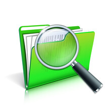 File Search Icon. Open Green Folder With Documents And Magnifying Glass.