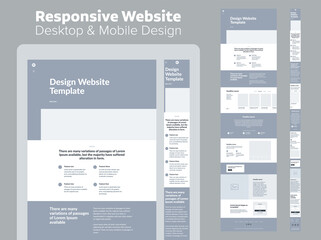 website design. responsive desktop and mobile wireframe. landing page template.