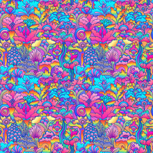 Floral Colorful Seamless Pattern, Retro 60s, 70s Hippie Style Background. Vintage Psychedelic Textile, Fabric, Wrapping, Wallpaper. Vector Repeating Illustration.