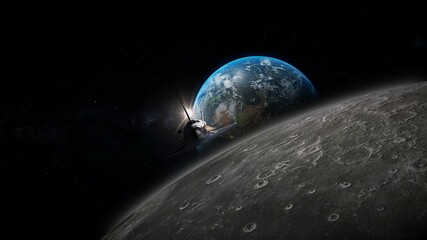 spring equinox .pluto return , space shuttle in space with moon and earth in the background 3d illus