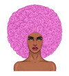Vector African American girl with open mouth in surprise. Woman Fashion model with magnificent curly afro retro hairstyle. Pink wavy haircut. Fashionable model with bare shoulders clean healthy skin 