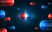 Frozen Moment Of Red And Blue Particles Collision. Vector Illustration. Atom Explosion Concept. Abstract Molecules Impact On Black Background. Atomic Energy Power Blast, Electrons Protons Collide