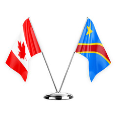 Two table flags isolated on white background 3d illustration, canada and dr congo