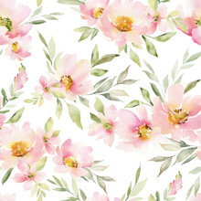 Seamless Pattern With Pink Flowers. Repeating Background With Elements Of Watercolor Flowers And Leaves Isolated On White Background. Garden Style Texture For Wrapping Paper Or Textile