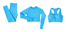 Set Of Blue Sports Women's Clothing Bra, Leggings, Isolated On White Background.

