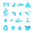 © Marina - Vector set of blue water splashes, drops, smudges, liquids. Isolated objects on a white background.