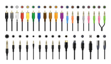 Collection Of Connectors And Jacks For Audio And Video Equipment. Detailed Realistic Illustrations.