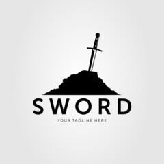 Wall Mural - warrior sword pierced stone logo vector illustration design