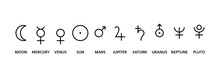Symbols Of The Ten Planets In Astrology. Mercury, Venus, Mars, Jupiter And Saturn, The Five Planets Visible To The Naked Eye. Sun And Moon, And The Later Discovered Planets Uranus, Neptune And Pluto.