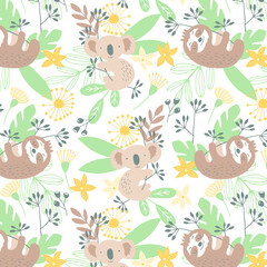  Koala pattern, Cute koala seamless pattern vector illustration for kids. Can be used for nursery wall decor, baby textile, baby bedding set, wrapping paper, packaging, wallpaper, baby clothes design.