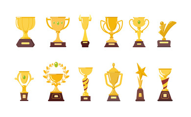 gold trophy cups set. vector illustrations of prizes for winners. cartoon golden goblets for champio