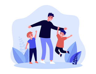 Wall Mural - happy cartoon sons jumping around father. smiling man playing with children flat vector illustration