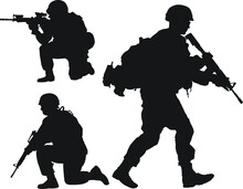 Vector Silhouettes Of American Soldiers In Combat Positions.